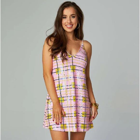 Buddy Love Cleo Sequin Dress Plaid Spaghetti Strap Mini Clueless 90s Pink Barbie